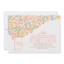 Perzik Mason Jar Koraal Bloemen bruiloft uitnodigi