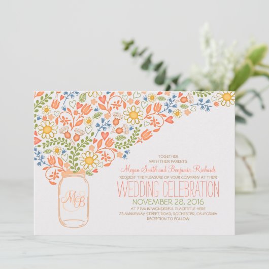 Perzik Mason Jar Koraal Bloemen bruiloft uitnodigi Kaart (Staand voorkant)