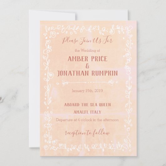 Perzik met witte bloemen grens bruiloft uitnodigin kaart (Voorkant)