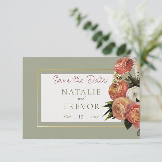 Perzik Mimosa Blooms Bloemen Bloemen Bruiloft Save The Date (Staand voorkant)