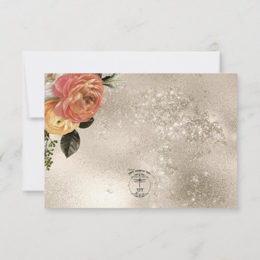 Perzik Mimosa Blooms Bloemen Bloemen Gouden Bruilo RSVP Kaartje (Achterkant)