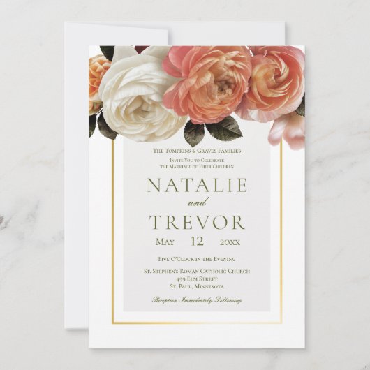 Perzik Mimosa Blooms Bloemen Bloemen Wit Bruiloft Kaart (Voorkant)