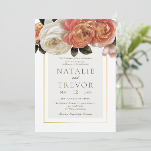 Perzik Mimosa Blooms Bloemen Bloemen Wit Bruiloft Kaart (Staand voorkant)