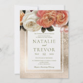 Perzik Mimosa Blooms Gouden Bloemen Bruiloft Kaart (Voorkant)