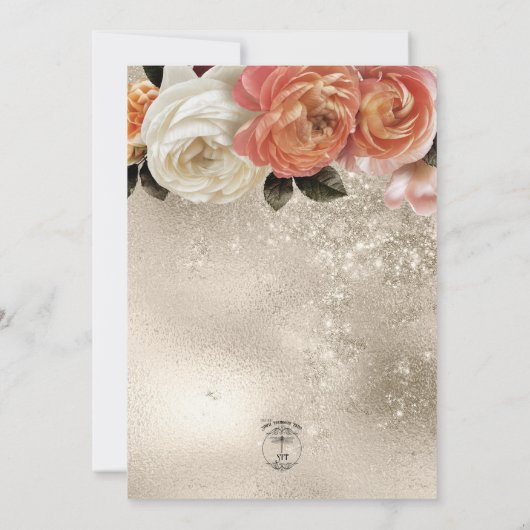 Perzik Mimosa Blooms Gouden Bloemen Bruiloft Kaart (Achterkant)