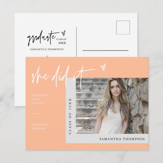 Perzik Minimaal Foto Zij deed het Afstuderen Briefkaart (Voorkant / Achterkant)