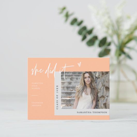 Perzik Minimaal Foto Zij deed het Afstuderen Briefkaart (Staand voorkant)