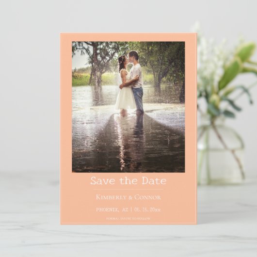Perzik Minimalistische Moderne Foto Save The Date (Staand voorkant)