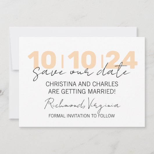 Perzik Minimalistische Save The Date Kaart (Voorkant)