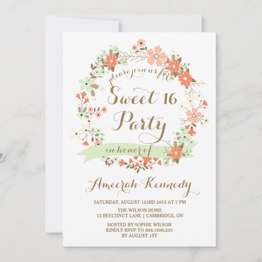 Perzik & Mint Bloemkrans Zoet Zestien Uitnodigen Kaart (Voorkant)