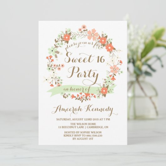 Perzik & Mint Bloemkrans Zoet Zestien Uitnodigen Kaart (Staand voorkant)