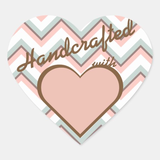 Perzik Mint & Bruin Chevron Handgemaakt met Liefde Hart Sticker (Voorkant)