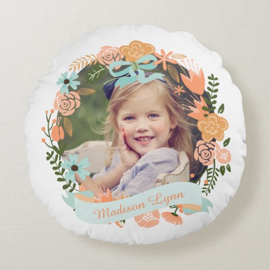 Perzik Mint Girly Floral Wreatfoto Aangepast Rond Kussen (Voorkant)