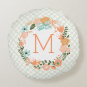 Perzik Mint Girly Floral Wreatfoto Aangepast Rond Kussen (Achterkant)