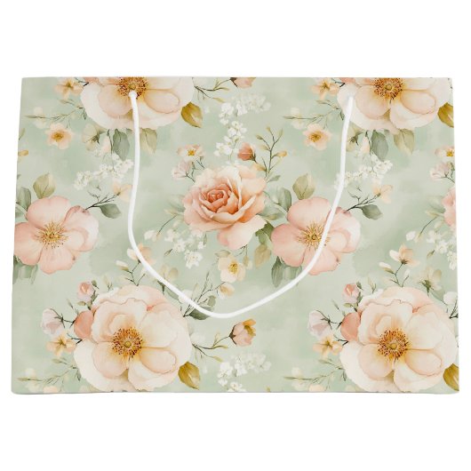 Perzik Mint Mooie Rozen Bloemrijke Bruiloft Feest Groot Cadeauzakje (Voorkant)