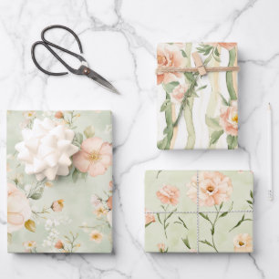 Perzik Mint Pretty Rozen Bloemige Bruidsdouche Inpakpapier Vel