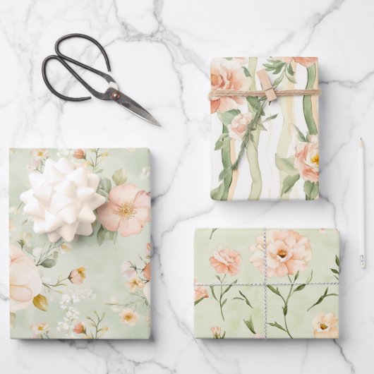 Perzik Mint Pretty Rozen Bloemige Bruidsdouche Inpakpapier Vel (Voorkant)