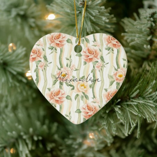 Perzik Mint Pretty Rozen Bloemstrepen Keramisch Ornament (Boom)