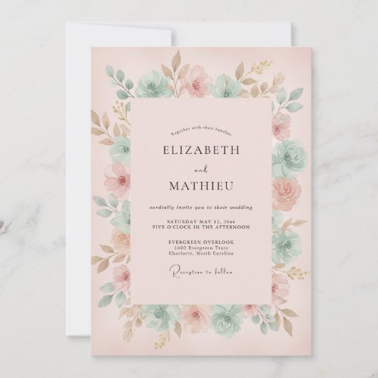 Perzik Mint Ranunculus Eucalyptus Bruiloft Kaart (Voorkant)