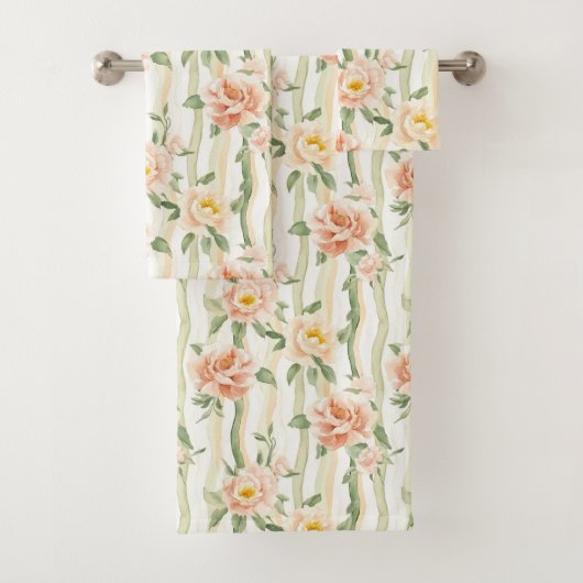 Perzik Mint Rozen Bloem Strepen Bad Handdoek (Insitu)