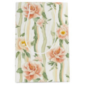 Perzik Mint Rozen Bloemrijke Strepen Bruidsfeest Medium Cadeauzakje (Voorkant)