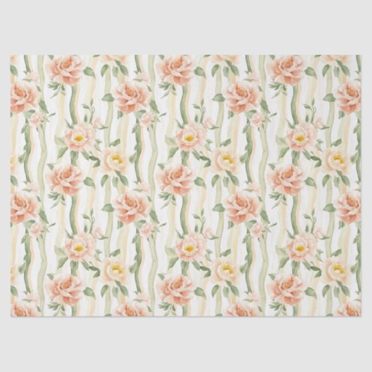 Perzik Mint Rozen Bloemrijke Strepen Verjaardag Tissuepapier (Voorkant)