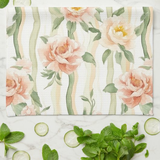 Perzik Mint Rozen Bloemstrepen Theedoek (Gevouwen)