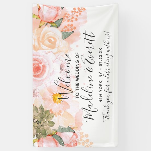 Perzik & Mint Succulenten Bloemen Bruiloft Welkom Spandoek (Verticaal)