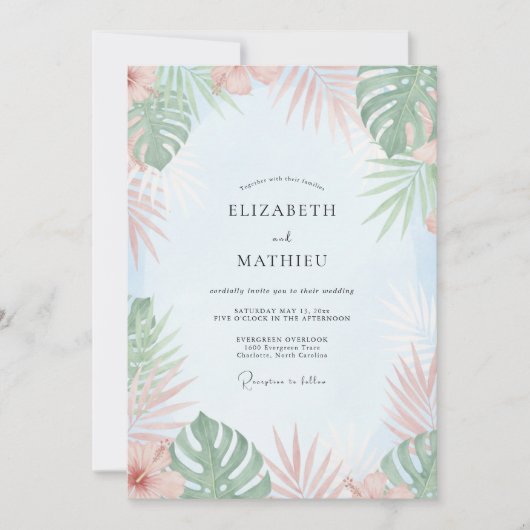 Perzik Mint Tropische Eucalyptus Bruiloft Kaart (Voorkant)