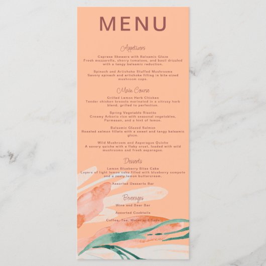 Perzik Modern Bruiloft Diner Menu (Voorkant)