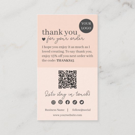 Perzik Modern Script QR Code, Dank U Kaars Visitekaartje (Achterkant)