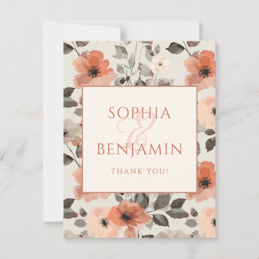 Perzik Moderne Bloemige Bruiloft Bedankkaart (Voorkant)