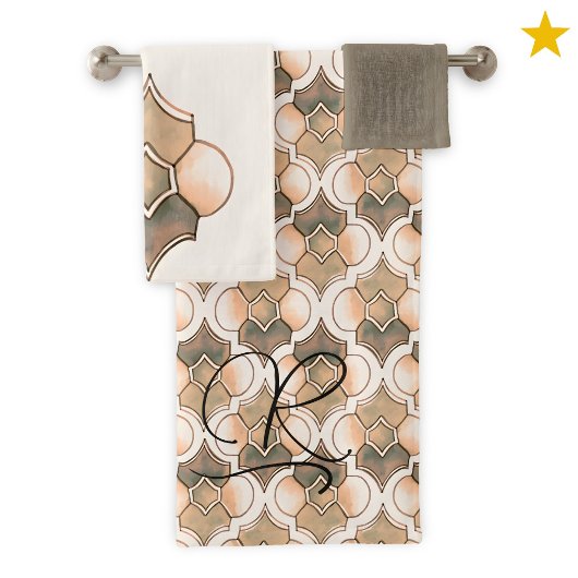 Perzik Monogram Watercolor Geometrisch Patroon Bad Handdoek