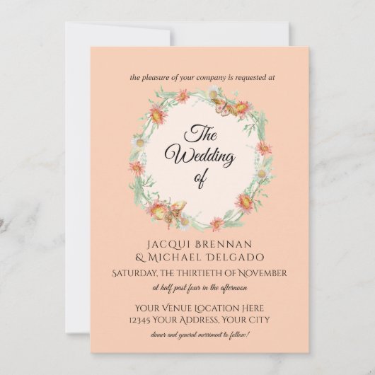 Perzik n Mint Butterfly Floral Wreath Wedding Kaart (Voorkant)