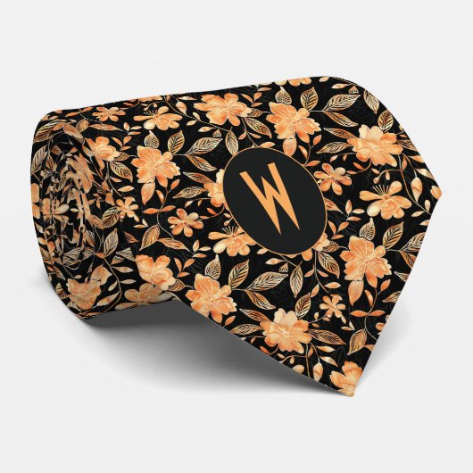 Perzik op zwarte bloemen Stropdas (Opgerold)