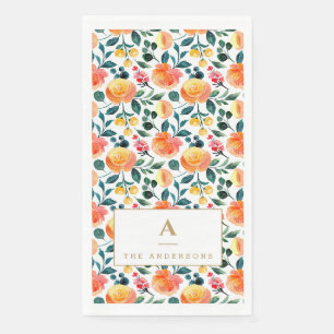 Perzik Oranje Aquarel Bloemige Monogram Familie Servet