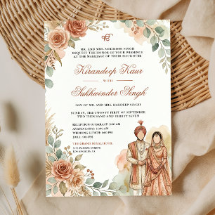 Perzik Oranje Aquarel Rozen Bloemstuk Sikh Huwelij Kaart