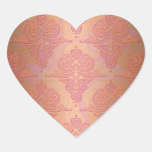 Perzik Oranje en Roze Victoriaanse Damast Hart Sticker