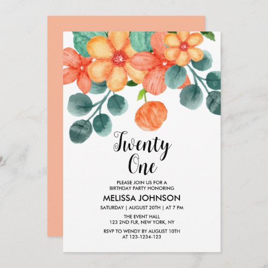 Perzik Oranje Groene Lente Bloem 21e Verjaardag Kaart (Voorkant / Achterkant)