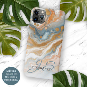 Perzik Oranje Teal Blauw Goud Marmer Kunst Patroon iPhone 16 Pro Max Hoesje