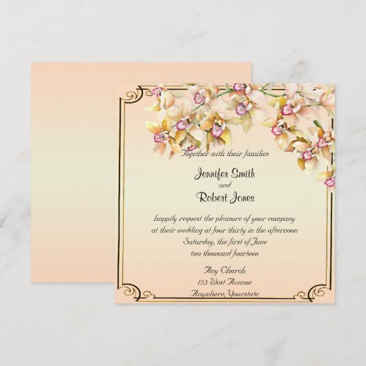Perzik Orchidee Waterverf Posh bruiloft uitnodigin Kaart (Voorkant / Achterkant)