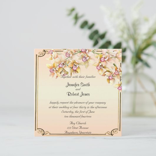 Perzik Orchidee Waterverf Posh bruiloft uitnodigin Kaart (Staand voorkant)