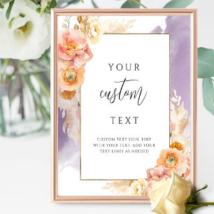 Perzik Paarse Bloemen Bruiloft Bord met Aangepaste Poster