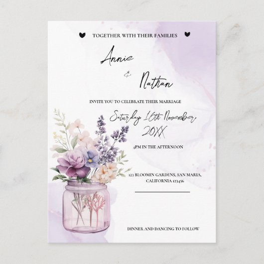 Perzik paarse bloemen in Mason Jar bruiloft uitnod Briefkaart (Voorkant)