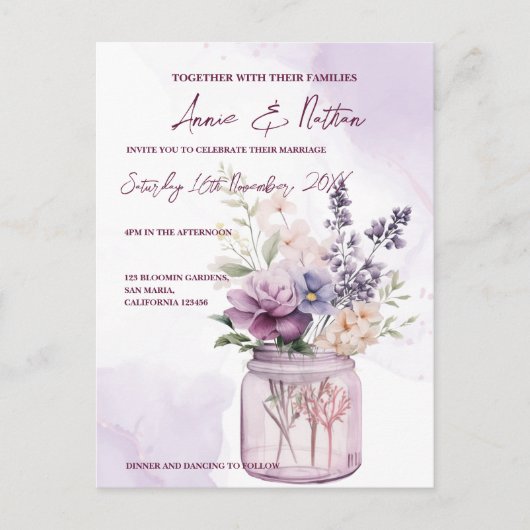 Perzik paarse bloemen in Mason Jar bruiloft uitnod Briefkaart (Voorkant)