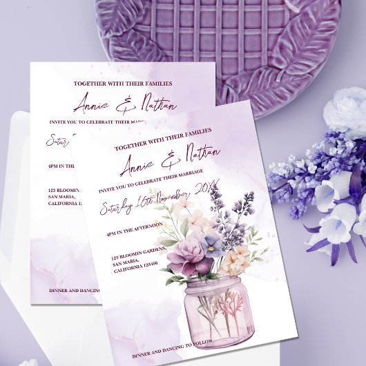 Perzik paarse bloemen in Mason Jar bruiloft uitnod Briefkaart