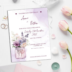 Perzik paarse bloemen in Mason Jar bruiloft uitnod Briefkaart