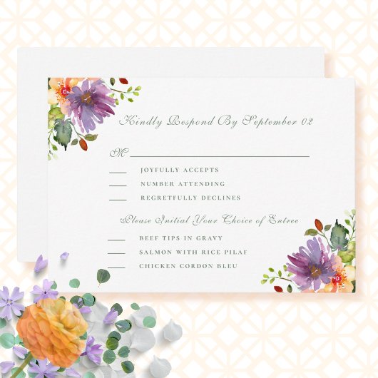 Perzik Paarse Bloemen Menu Selectie Bruiloft RSVP