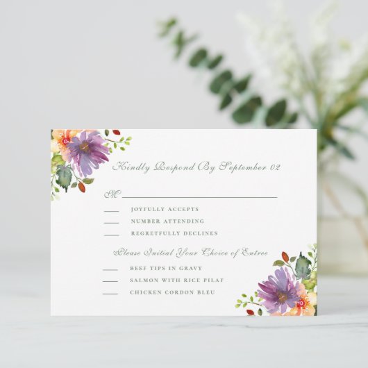 Perzik Paarse Bloemen Menu Selectie Bruiloft RSVP (Staand voorkant)