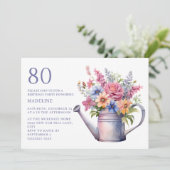 Perzik Paarse Bloemen Watering Can 80th Verjaardag Kaart (Staand voorkant)